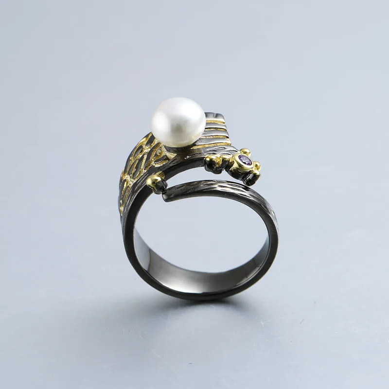 

S925 silver inlaid natural freshwater pearl ring Baroque restoring ancient ways ring opening female manufacturer wholesale