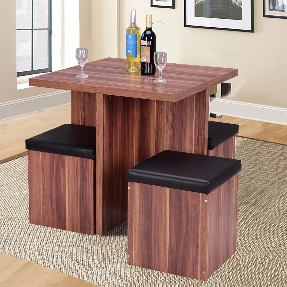 Giantex 5 Pieces Wood Dining Table and 4 Stools Set Modern Kitchen Dinette Table Set Dining Room Storage Ottoman Stool HW54823NA
