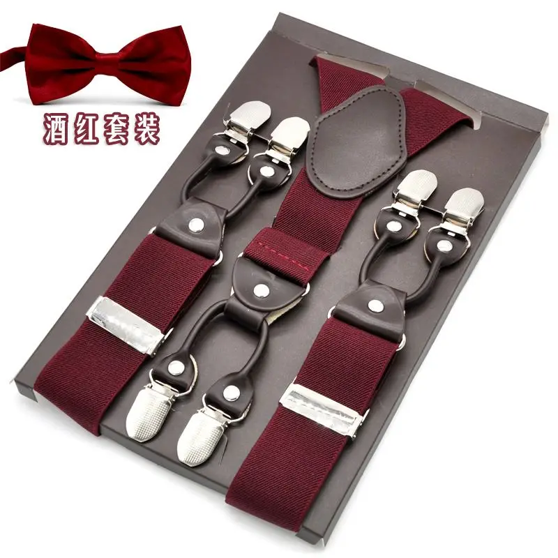 Burgundy Set Мужские подтяжки с бабочкой, наборы, y-образная форма, Женские Эластичные подтяжки, 6 зажимов, ПУ кожа, Leren rie, подарки на день отца, 120 см, TZ79280 - Цвет: Burgundy Set