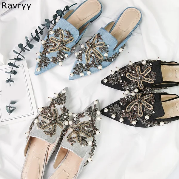 faux pearl & rhinestone decor slingback flats