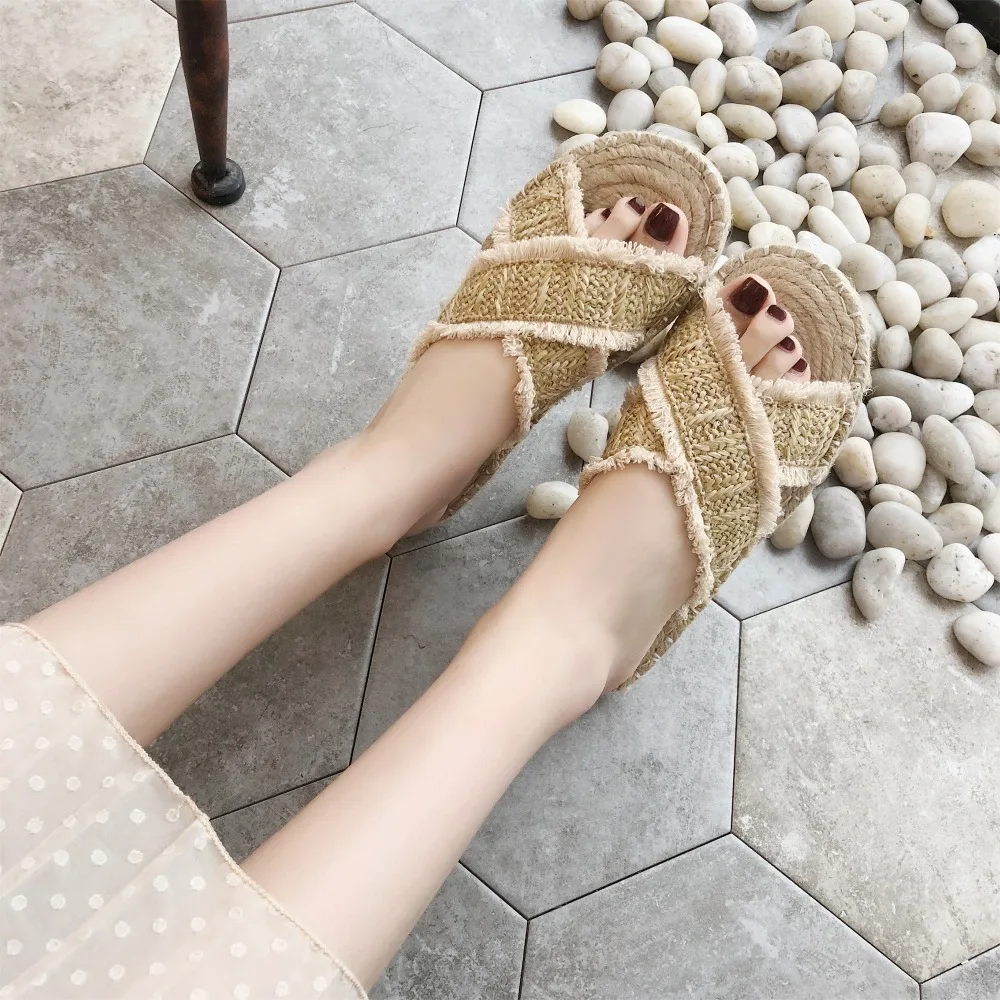 Г., фирменные дизайнерские женские тапочки летние сельские плетеные соломенные сандалии женские пляжные тапочки zapatos mujer