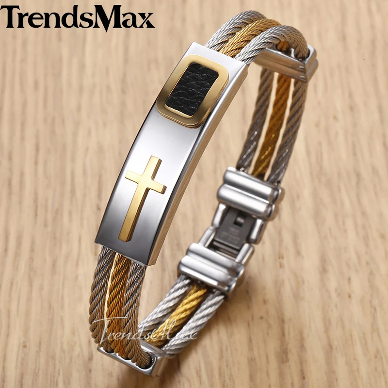Cross Charm Men's Bracelets Wire Rope Gold Silver Stainless Steel