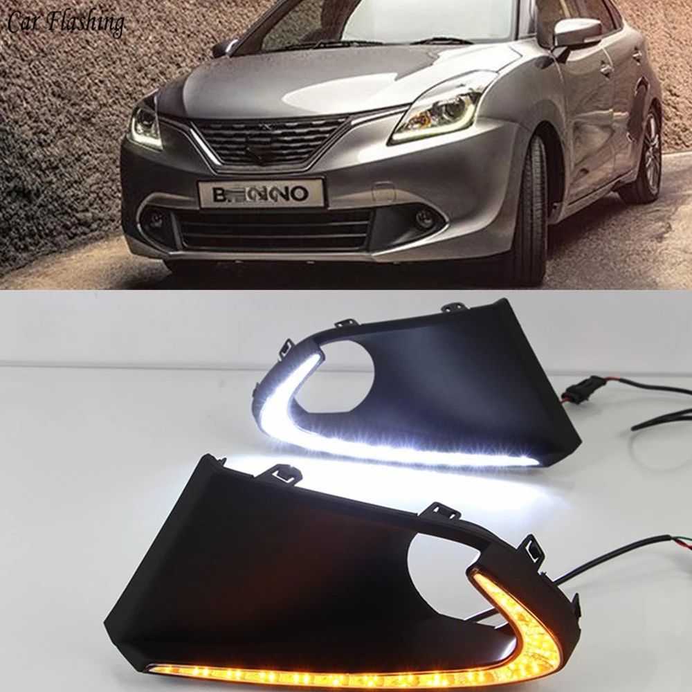 

Car Flashing 1 Set LED For Suzuki Baleno 2016 2017 DRL Daytime Running Lights Daylight Fog Light Cover With Turn Yellow Signal