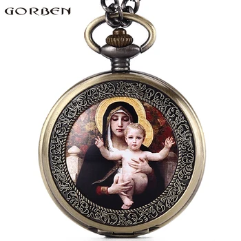 

Virgin Mary Holding A Baby Quartz Pocket Watch Roman Numerals Dial Christian God's Son Jesus Pocket Watch Fob Chain Necklace