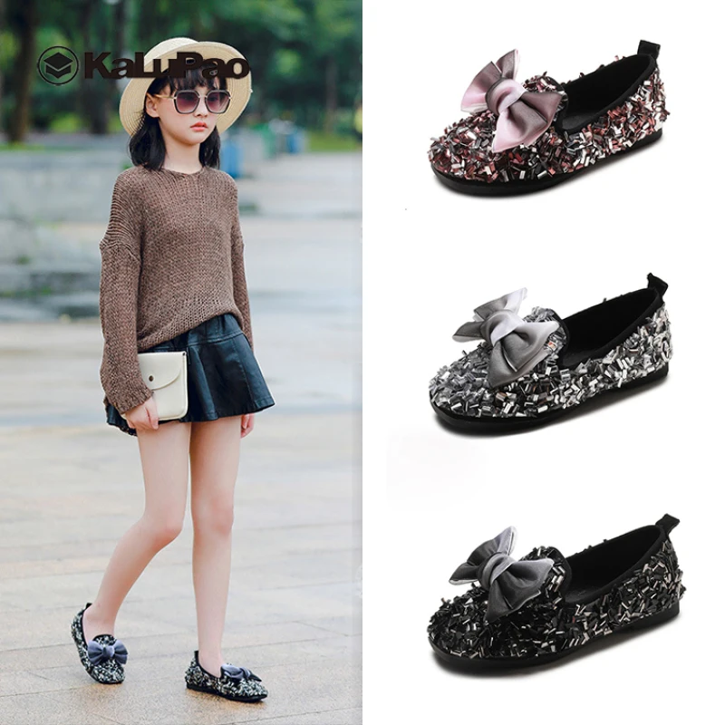 

2019 Autumn New Children's Leather Shoe Crystal Sequin Baby Girls Bow-knot Princess Shoes Flats Slip On Korean Shoes For Girls