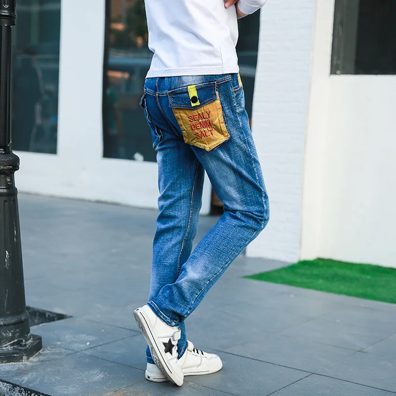 1 2019 Kids Boys Jeans Denim Pants Trousers Teens Letters Pockets Solid Navy Blue Spring Casual Elastic Waist Children Clothing