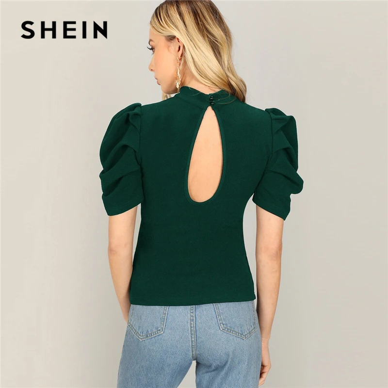 SHEIN السيدات نفخة الأكمام انقطاع الخلفي التي شيرت أنيقة النساء Highstreet الوقوف طوق قصيرة الأكمام 2019 الربيع تيز SHEIN السيدات نفخة الأكمام انقطاع الخلفي التي شيرت أنيقة النساء Highstreet الوقوف طوق قصيرة الأكمام 2019 الربيع تيز