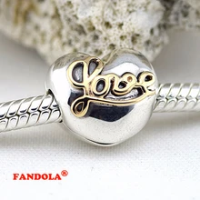 Подходит Пандора шармы Браслеты Сердце Любви клип бусины с 14 K Позолоченные стерлингового серебра 925 ювелирные изделия