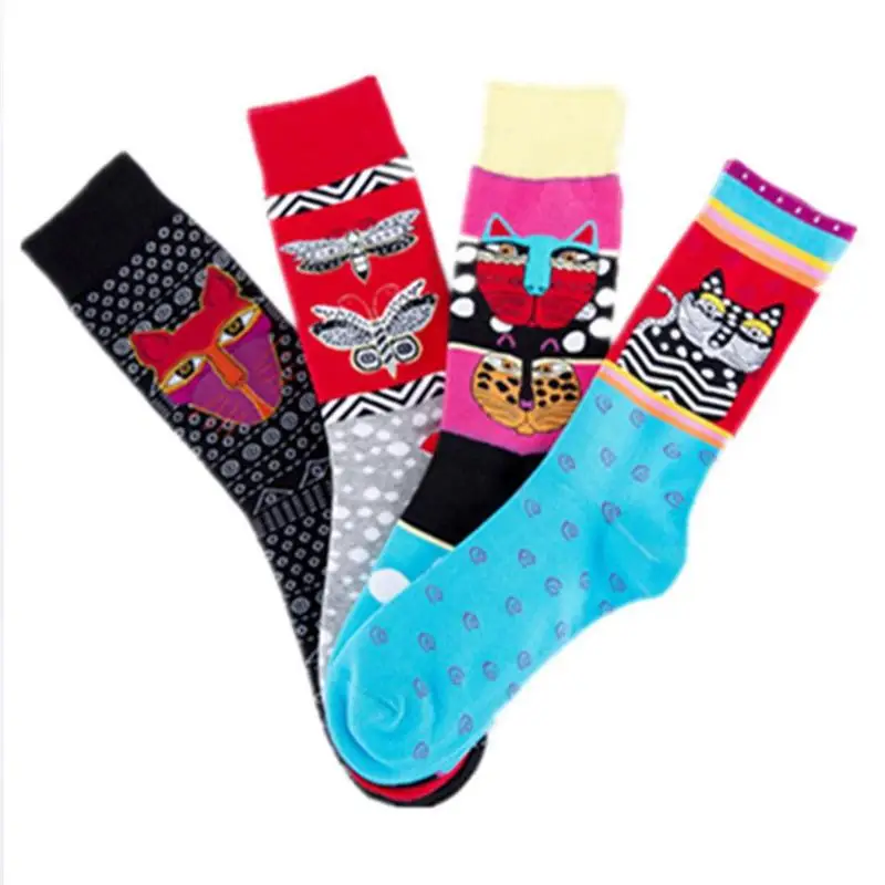 LUVLCS/1 пара женских носков, хлопковые носки с героями мультфильмов, счастливые носки, мужские носки с принтом кота, с животными, бабочками