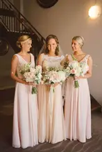Pink Chiffon Long Bridesmaid Dresses 2016 A Line V Neck Floor Length Wedding Party Dresses Prom Gowns Vestido De Festa C44