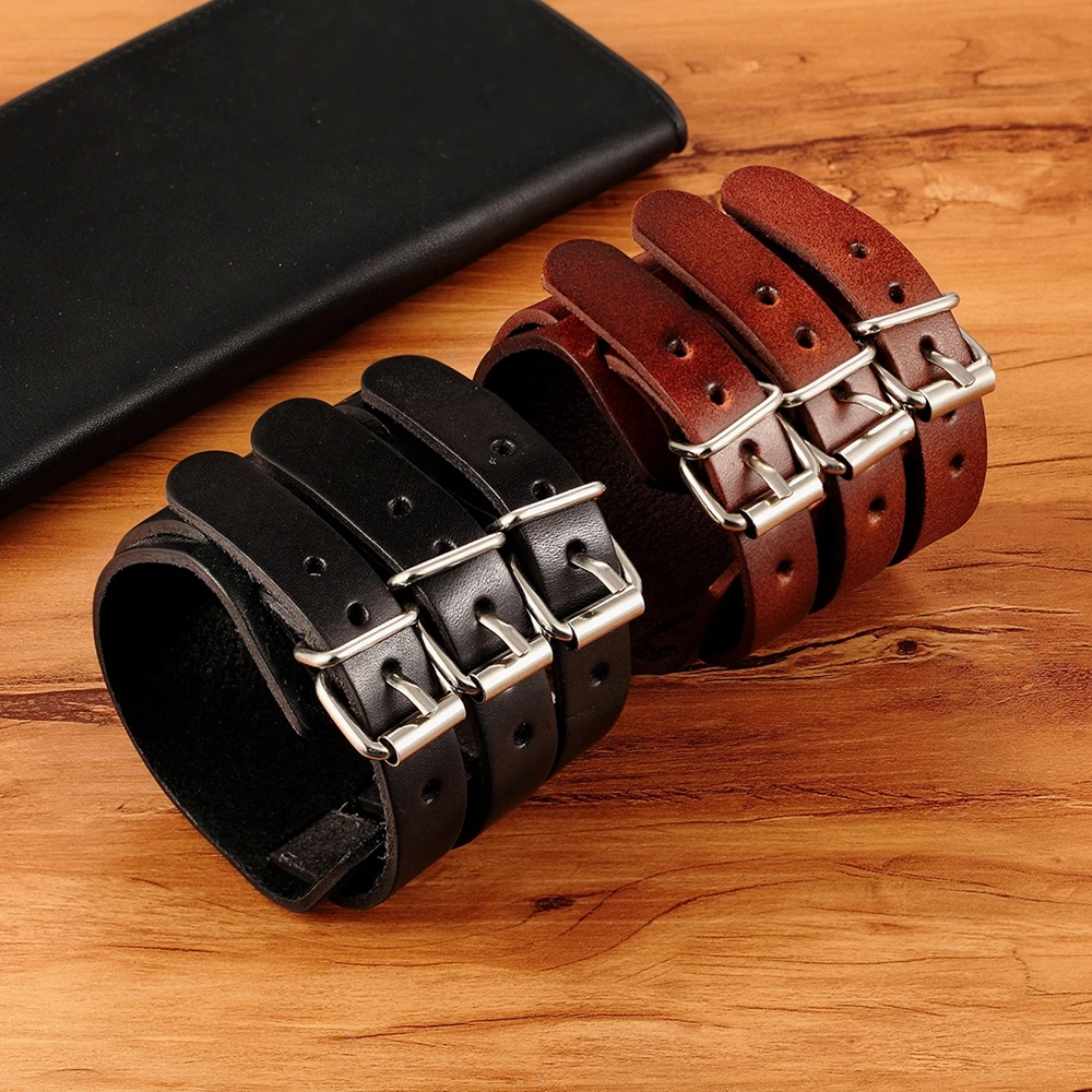 TYO Classic Men's Boys Adjustable Genuine Leather Cuff Bracelet Punk Rock Jewelry Black/Brown Three Layers Watch Bangles - Image 6