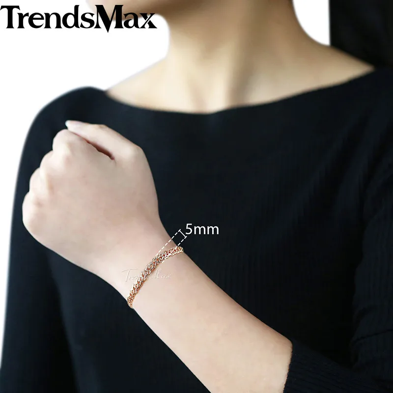 Trendsmax, ювелирный набор, браслет, ожерелье для женщин, 585, розовое золото, заполненный, женский браслет, венецианское звено, цепочка, ожерелье, 5 мм, KGS280