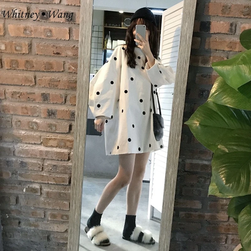 

WHITNEY WANG 2018 Autumn Fashion Streetwear Lantern Sleeve Dot Printed Mini Dress Women Sweet Girls Dress Women's Dresses