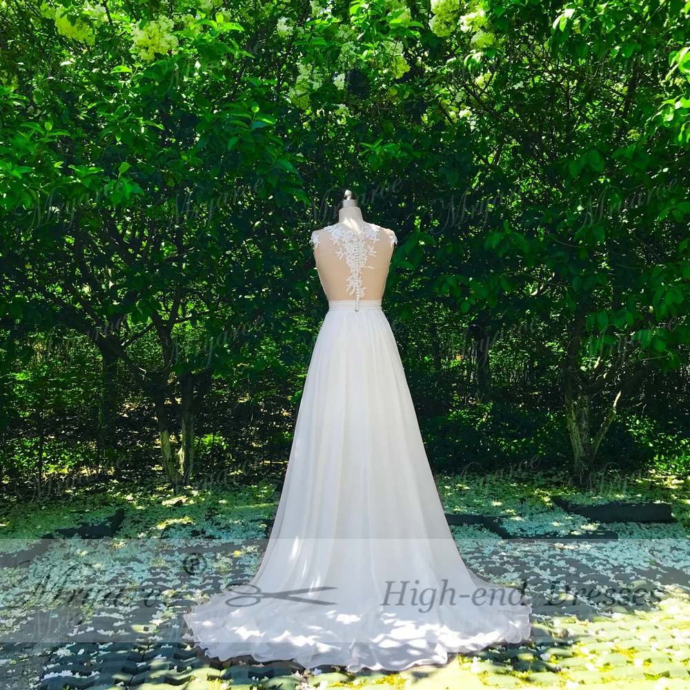 Mryarce Beach Wedding Dress 2018 Sheer Bodice Lace Appliqued  Flowing Chiffon Split Bridal Gowns With Cap Sleeves  (1)
