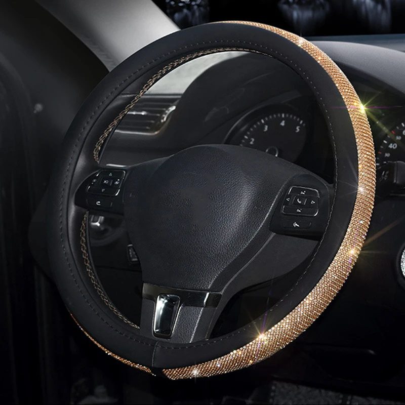 Luxury Car Steering Wheel Cover For Women Girls PU Leather Crystal