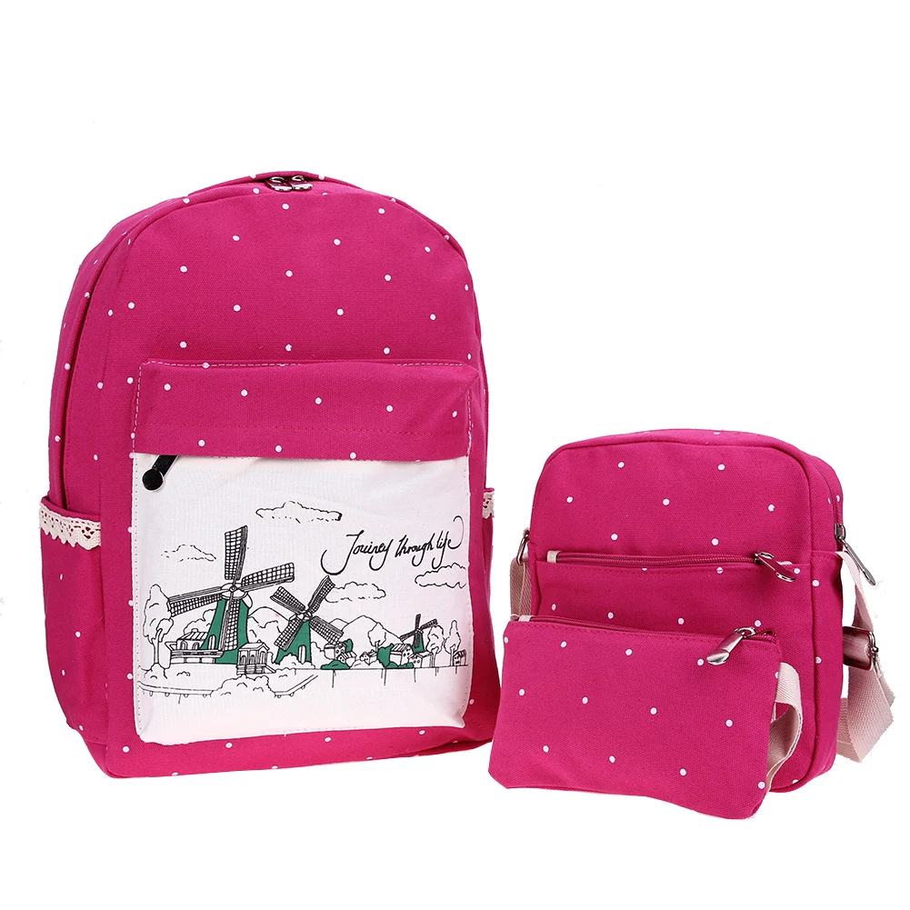 

2018 Japan Korea style 4ps/set Rucksack Preppy Windmil Printing Canvas Backpack Drawstring School Bag Composite Shoulder Bags