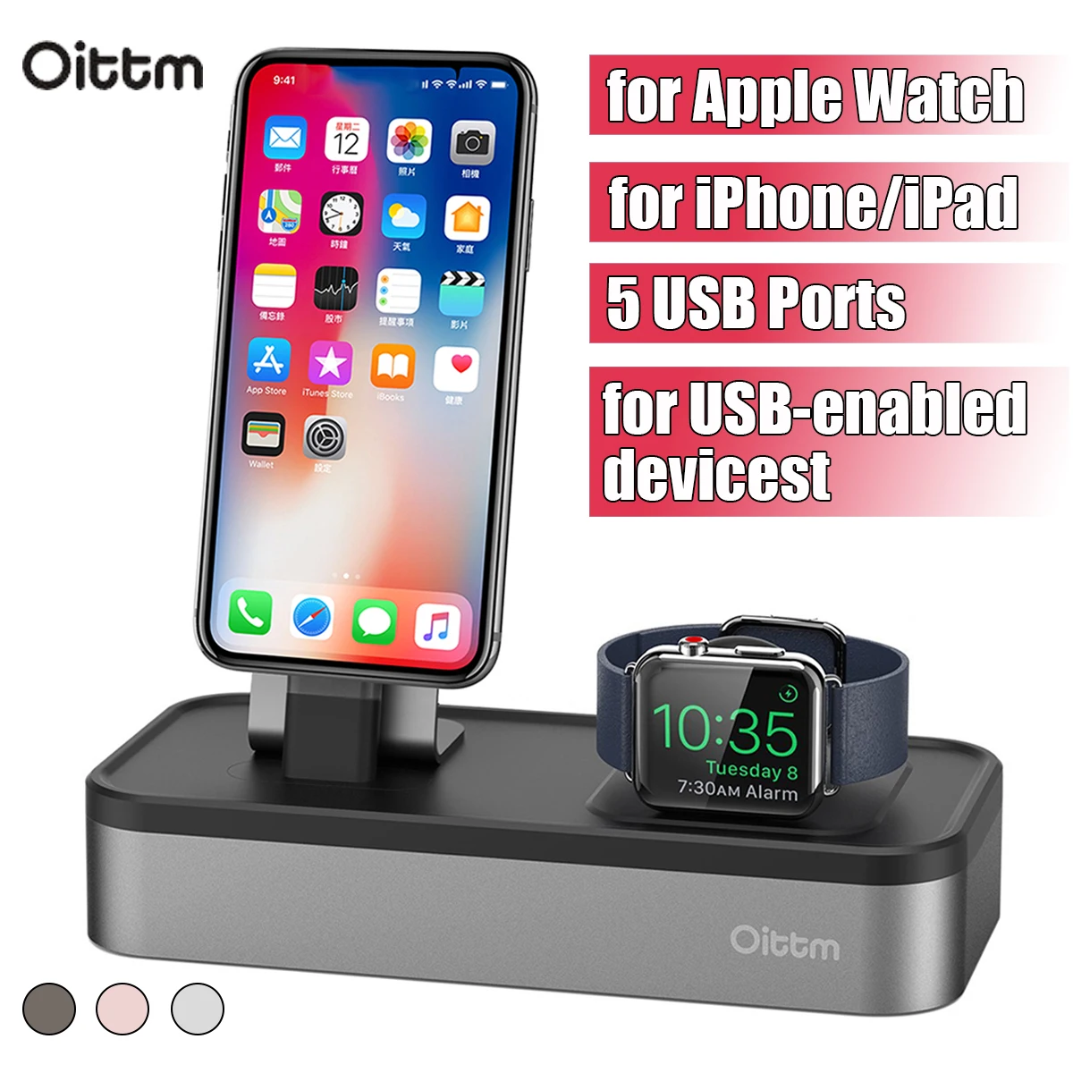 Koop Oittm Aluminium 5 port USB Mobiele Telefoon Laders En Staat voor Smart Horloge Serie 3 2 1 Dock Snelle Opladen voor Mobiele Telefoon