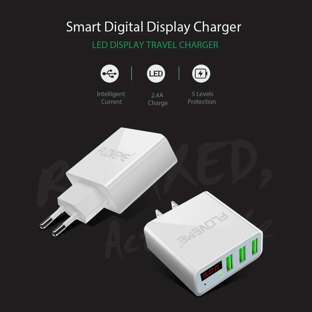 FLOVEME USB Зарядное устройство светодиодный цифровой 3 Порты Универсальный ЕС Plug