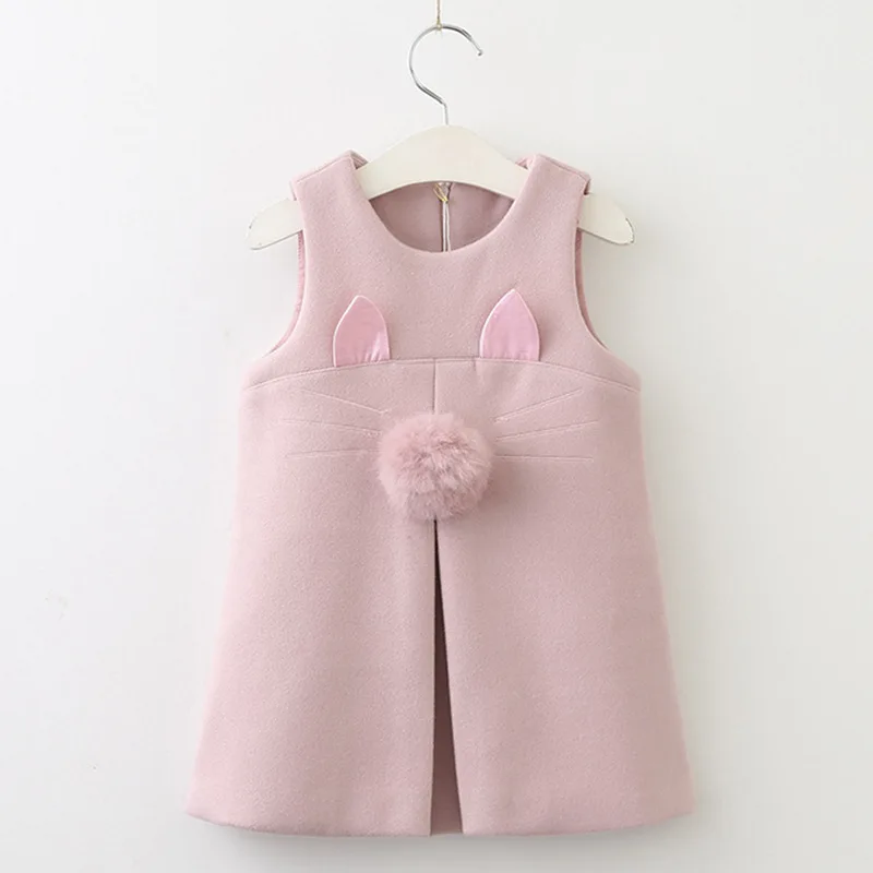 

DFXD Children Clothing Girls Dress Autumn Winter Sleeveless Wool Cute Baby Cartoon Cat Soild Pink Red Vest Dress Princess Dress