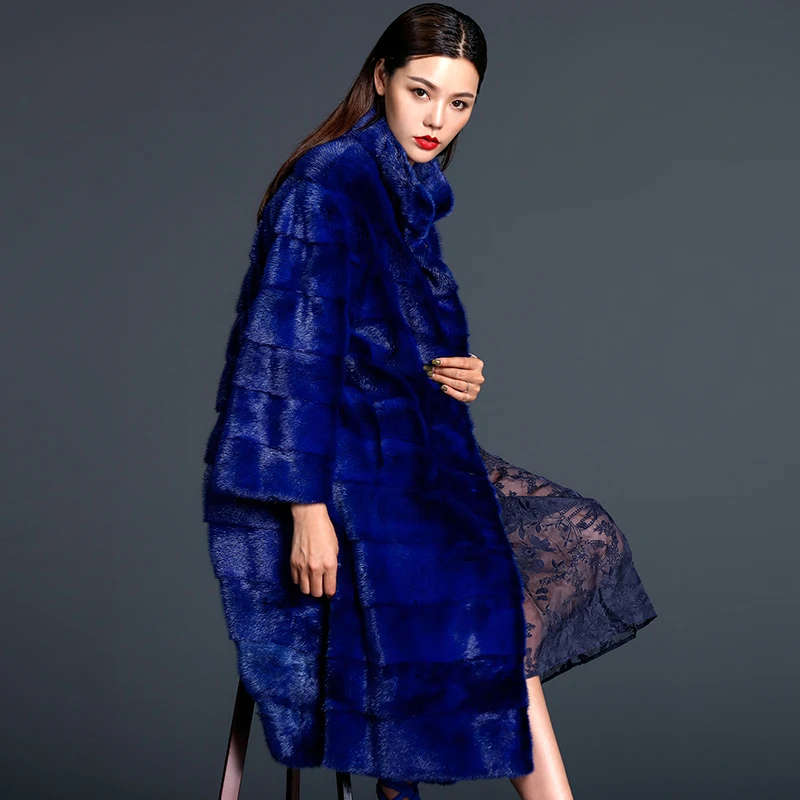 LTGFUR Winter Women's Print Red Flower Mink Coat Contrast Color Real Fur Coat Turn-Down Collar X-Long Loss Mink Coats