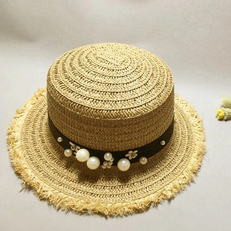 Lovely Flat Top Straw Hat Summer Spring Women'S Trip Caps Leisure Pearl Beach Sun Hats Breathable Fashion Flower Girl Hat