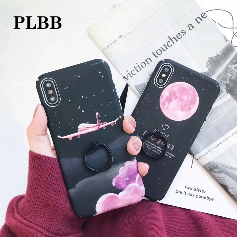 

PLBB Luxury Moon Sky Plane Stars Matte Hard PC Case for iPhone 6 6S 7 8 Plus X 10 Mobile Phone Back Capa Cover with Finger Ring