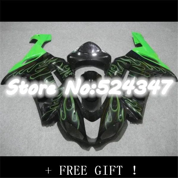 Хит продаж для Kawasaki Ninja ZX6R 2007 2008 ZX 6R 07 08 ZX-6R зеленый огонь в черном обтекатель