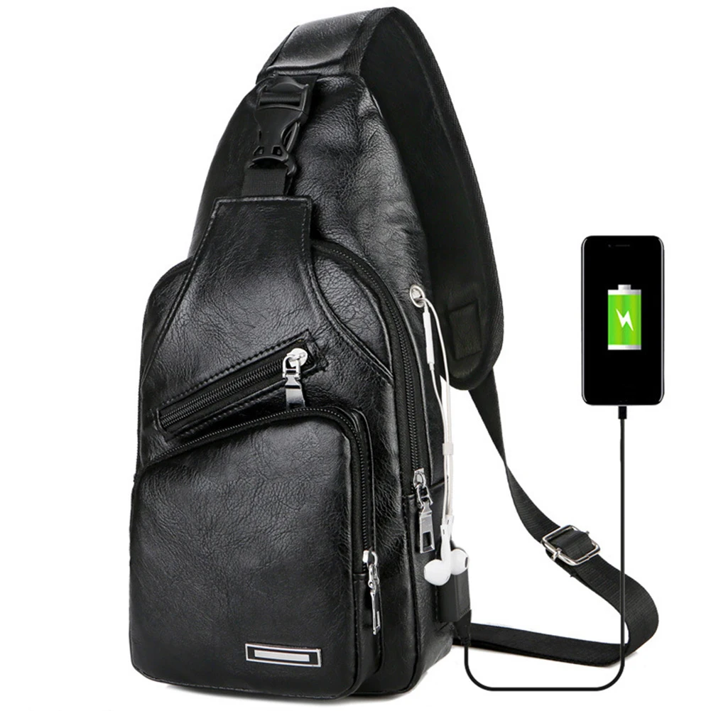 الترفيه جلد USB تهمة رجل حقيبة كتف سستة الرجال الصدر حزمة سماعة حفرة وظيفية السفر Crossbody حقائب جلدية