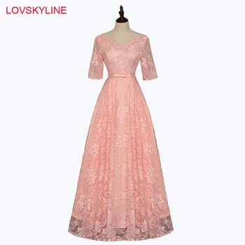 

Bridesmaid Dresses Long New Lace V-Neck Embroidery Pink Half Sleeves