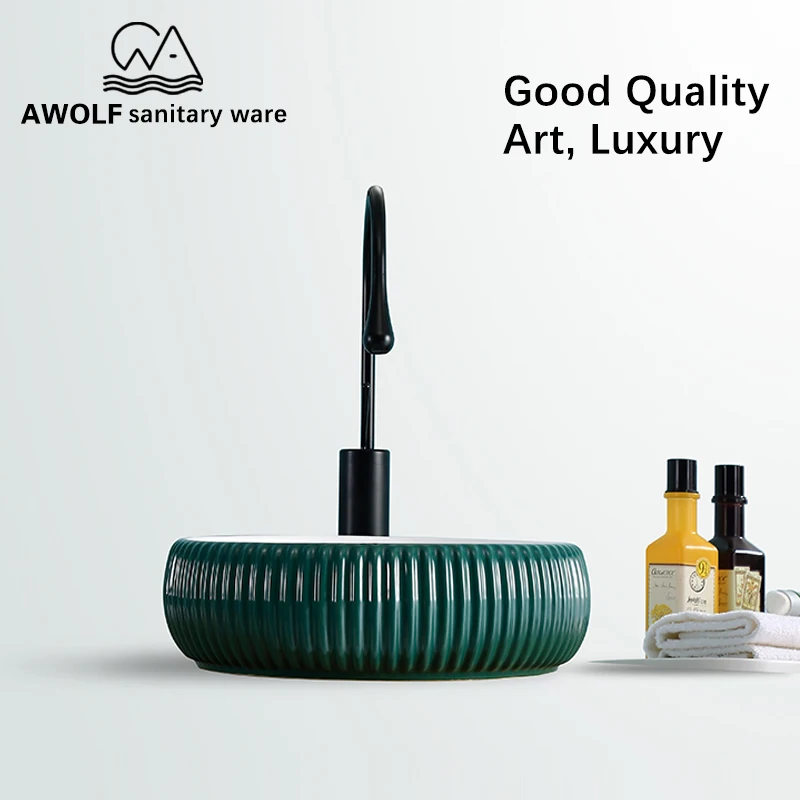 

Ceramic Bathroom Sinks 400*400*130mm Round Art Basin Sink Dark Green Lavatory Modern Vessel With Drain and Solf Hose AM808