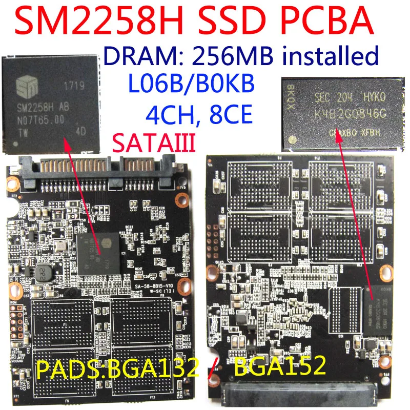 SM2258H AB 8 PAD SSD PCBA DIY BGA152/BGA132 контроллер 256MB DRAM SATA3 4CH & 8CE 3D NAND L06B B0KB M/TLC|Компьютерные