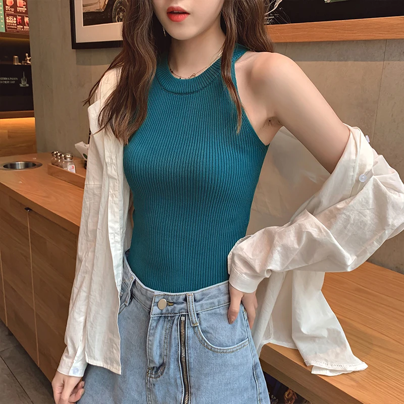 

2019 Spring Summer Tank Tops Sexy Women Off Shoulder Singlets Slim T Shirt Ladies Halter Vest Top Femme Knitted Thin Camis Top