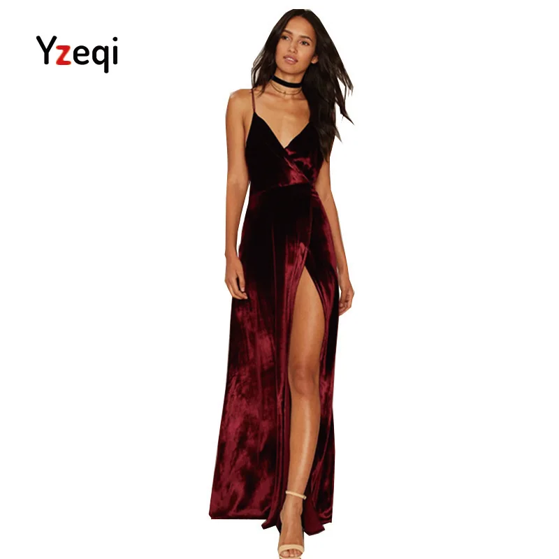 Yzeqi Sexy Dress Wine red velvet Maxi Backless Dress Womens Autumn Party Dresses Deep V Neck
