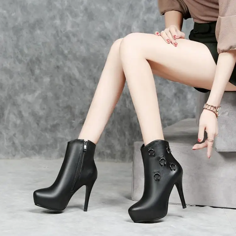 

Black White Leather Ankle Boots For Women Round Toe Platform Super High Heels Ladies Bootie Metal Ring Decoration Shoes Woman