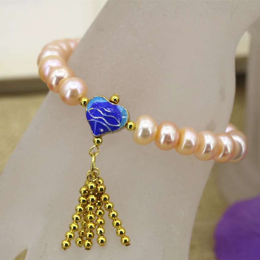 Natural orange pearl abacus nearround beads 9-10mm bracelet bangle for women gold plated tassels cloisonne jewelry 7.5inch B3100