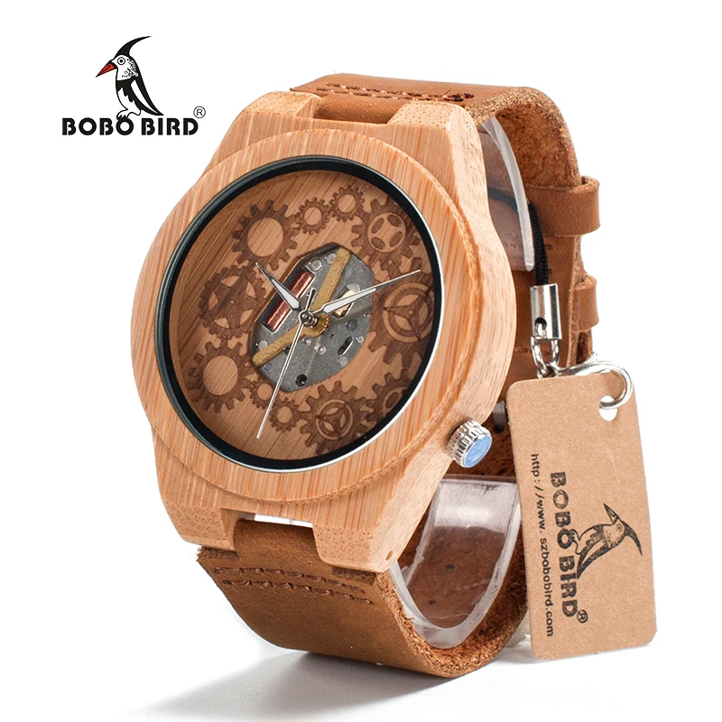 BOBO BIRD V-B09 Mens Bamboo Wood Watch 2035 Movement Exposed Design Luminous Hands Quartz Watch montre homme marque de luxe