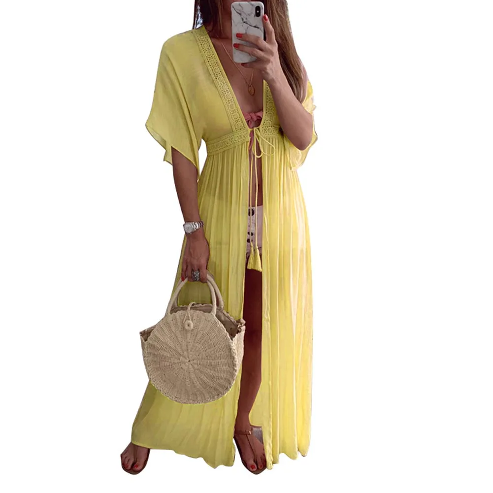 Yellow Горячая Boho женский кружевной кардиган-кимоно с длинным рукавом праздник пляж шифон платье крышка платье-разлетайка DO2 - Цвет: Yellow
