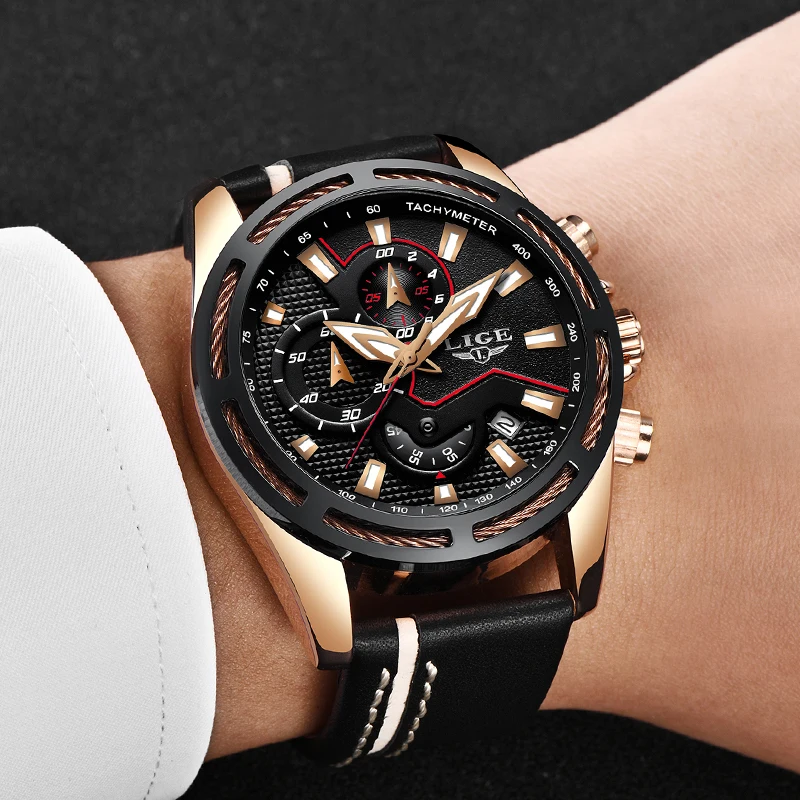 relogio masculino Mens Watches Top Brand Luxury LIGE Men's Waterproof Military Sport Watch Men Casual Leather Quartz Gold Watch