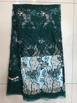 

Dark green african lace fabric with stones and beads high quality tulle fabric for nigerian wedding dresses5yard/lot 1105