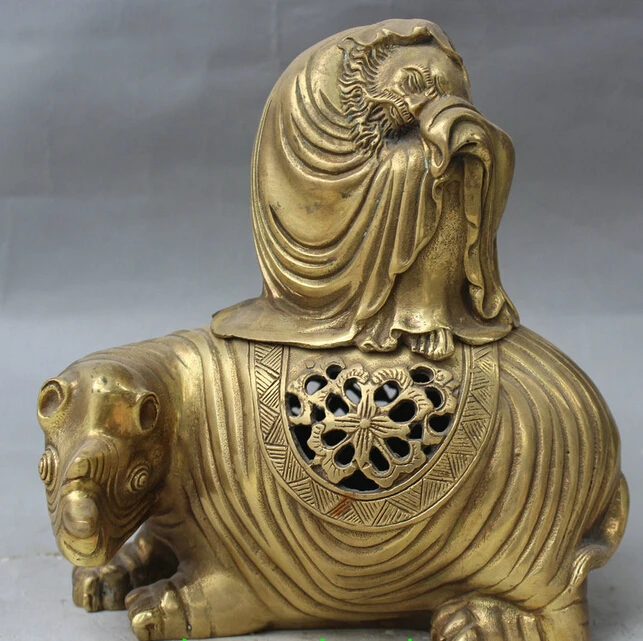 

7" Chinese Buddhism Temple Brass Dharma Buddha Ride Beast Incense Burner Censer S0706
