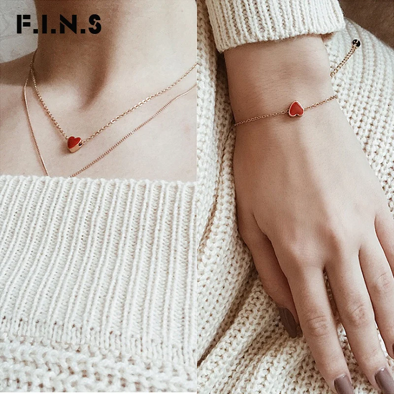 

F.I.N.S Red Tiny Heart Enamel Necklace Bracelets for Women 2019 Romantic Necklace and Bracelet Set Women Fashion Jewelry