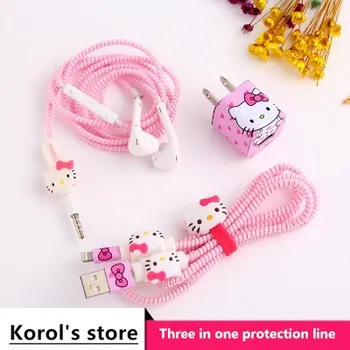 

Cute Cartoon USB Cable Earphone Protector Set With Cable Winder Stickers Spiral Cord Protector For iphone 5 6 6s 7plus