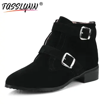 

TASSLYNN 2018 Autumn Med Heels Women Boots Zip Suede Pointed Toe Woman Shoes Square Heels Boots Shoes Buckle Big Size 34-43