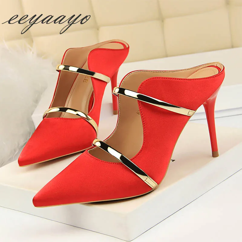 Г., новые летние женские туфли без задника пикантные вечерние женские туфли на высоком каблуке с острым металлическим носком черные туфли без задника на высоком каблуке - Цвет: Red