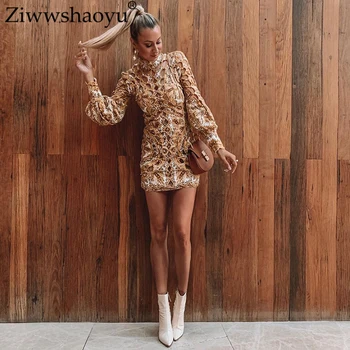 

Ziwwshaoyu Vacation Print Puff Sleeve Mini dresses Sexy Hollow Out Beading dress Spring and summer new women's