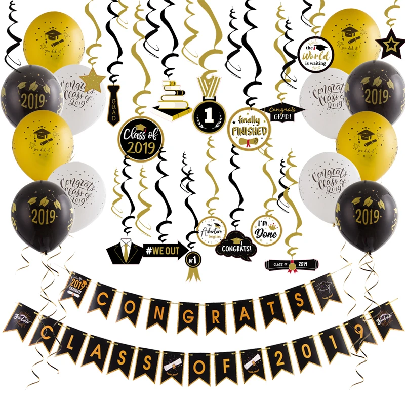 

Sunbeauty Graduation 2019 Party Decor Black Gold Hanging Swirls of Congrats Grad Banner Foil Latex Balloons Photo Props 18PCS