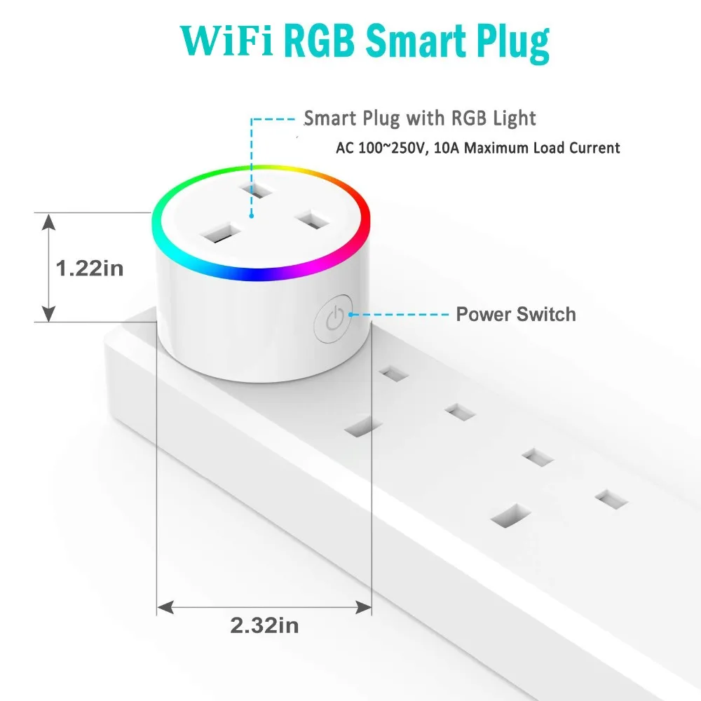 Умная розетка с Wi-Fi, розетка для Великобритании, США, ЕС, 10A, RGB таймер со светодиодной подсветкой, переключатель, розетка, голосовое управление, работа с Alexa Google IFTTT