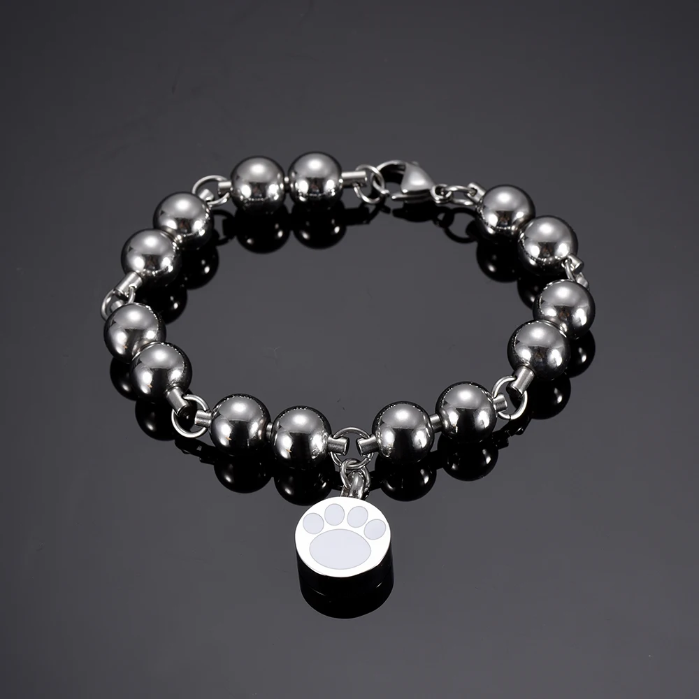 Stainless Steel Round Paw Cremation Urn Bracelet Fashion Heavy Metal