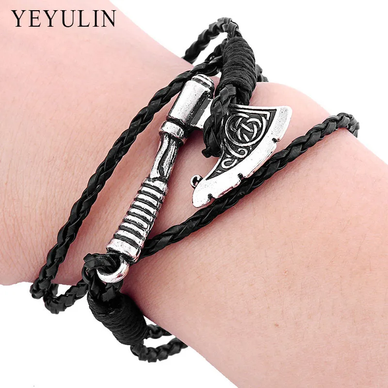 

Retro Tibetan Silver Alloy Viking Ax Braided Bracelet Wax Cord Chain Weaved Bracelet & Bangle Jewelry For Men