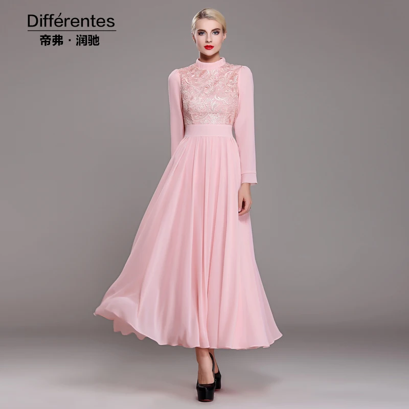 2016 new pink chiffon maxi dress women long sleeve lace patchwork spring full length pretty party